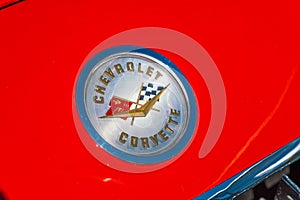 Chevrolet Corvette Retro Oldtimer logo on carhood at the annual national oldtimer day in Lelystad