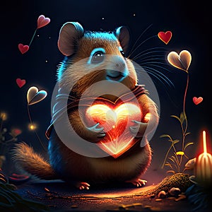 Lemming hugging heart Cute hamster with a heart on a dark background. Valentine\'s Day. Generative AI animal ai