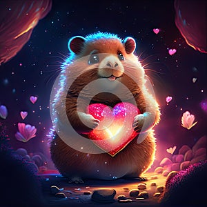 Lemming hugging heart Cute hamster with a heart in his hand. Valentine\'s Day card. generative AI animal ai