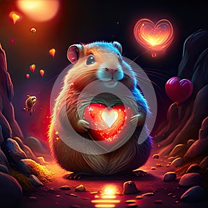 Lemming hugging heart Cute hamster with a heart in his hands. Valentine\'s Day. AI Generated animal ai
