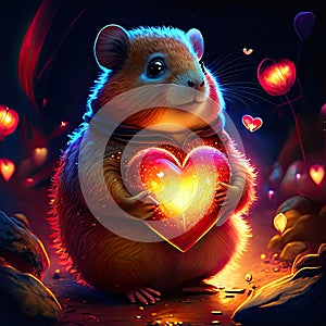 Lemming hugging heart Cute hamster with heart in his hands. Valentine\'s day card. AI Generated animal ai