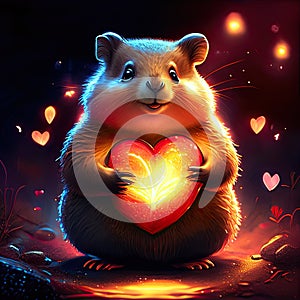 Lemming hugging heart Cute hamster with a heart in his hands. Valentine\'s day card. generative AI animal ai
