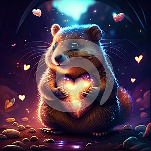 Lemming hugging heart Cute hamster with heart in his hands. Valentine\'s day card. Generative AI animal ai