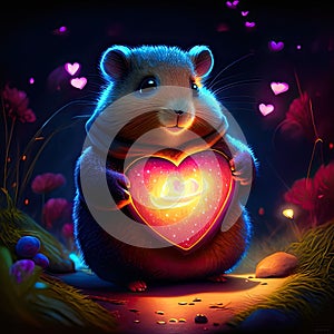 Lemming hugging heart Cute hamster with a heart in his hands. Valentine\'s day card. Generative AI animal ai