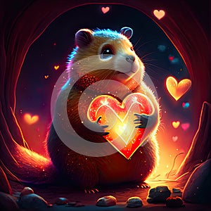 Lemming hugging heart Cute hamster with heart in his hands. Valentine\'s day card. generative AI animal ai