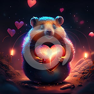 Lemming hugging heart Cute hamster with heart. Valentine\'s day card. 3D rendering AI Generated animal ai