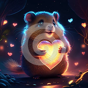 Lemming hugging heart Cute hamster with heart. Valentine\'s day card. 3D rendering generative AI animal ai