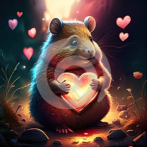 Lemming hugging heart Cute hamster holding a heart in his hands. Valentine\'s day card. AI generated animal ai