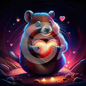 Lemming hugging heart Cute hamster holding a red heart in his hands. Valentine\'s day card. generative AI animal ai