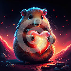 Lemming hugging heart Cute hamster with red heart on a dark background. Valentine\'s Day. Generative AI animal ai