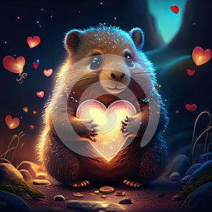 Lemming hugging heart Valentine\'s day card with cute hamster in the forest AI generated animal ai