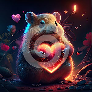 Lemming hugging heart Valentine\'s day greeting card with cute hamster and heart AI generated animal ai