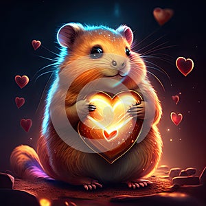 Lemming hugging heart Valentine\'s day greeting card with cute hamster in love. AI generated animal ai
