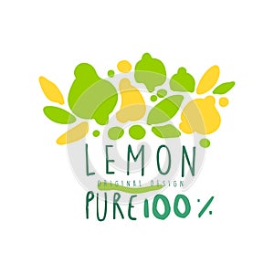 Lemon 100 percent logo template original design, colorful hand drawn vector Illustration