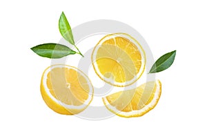 Fresh slices of yellow lemon lime fruit with green leaf isolated on white background .