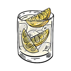 Lemon alcohol cocktail or lemonade in glass. Cartoon flat vector illustration. Isolated on white background.