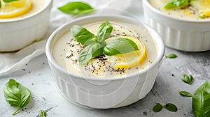 Lemon basil custard in white ramekins, sprinkled with poppy seeds, fresh and aromatic