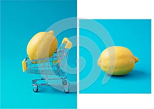 Lemon on a blue background.Vitamins, beautiful colors. Style minimalism. Vegetarian raw food. Collage