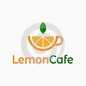 Lemon cafe logo. Cup of tea with lemon on white