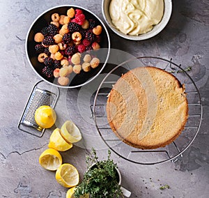 Lemon Cake with colorful raspberries