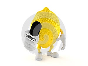 Lemon character holding interview microphone