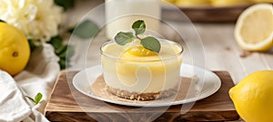 Lemon cheesecake with mint leaf garnish, served in a clear dish on a warm wooden background