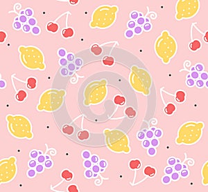 Lemon, Cherry and Grape Fruit Background Pattern. Vector