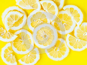 Lemon citrus slices in water, bold yellow texture summer background