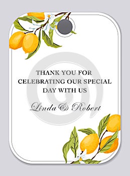 Lemon citrus wedding Thank You gift tag template.