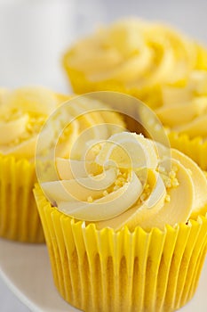 Lemon cupcakes with butter cream swirl and candid fruit decoration