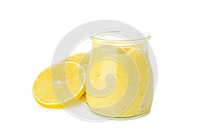 Lemon curd and ingredients isolated on white background