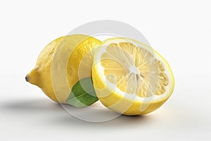 Lemon with a cut in half sits on a white surfa green leaves on white background