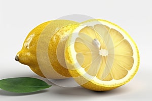 Lemon with a cut in half sits on a white surfa, lemon green leaves on white background