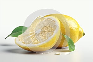 Lemon with a cut in half sits on a white surfa, lemon green leaves on white background