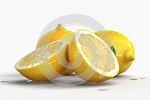 Lemon with a cut in half sits on a white surfa, lemon green leaves on white background