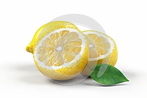 Lemon with a cut in half sits on a white surfa, lemon green leaves on white background