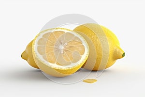 Lemon with a cut in half sits on a white surfa, lemon green leaves on white background