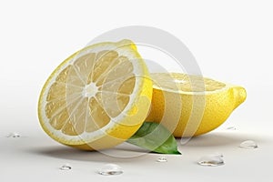 Lemon with a cut in half sits on a white surfa, lemon green leaves on white background