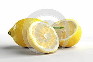 Lemon with a cut in half sits on a white surfa, lemon green leaves on white background