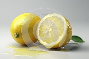 Lemon with a cut in half sits on a white surfa, lemon green leaves on white background