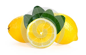 Fresh Lemon and cut half slice isolated on white background