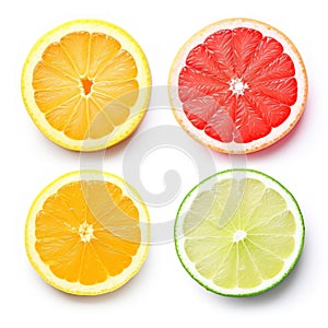 lemon with cut in half and slices on white background