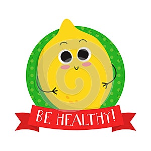 Lemon, cute fruit vector character badge