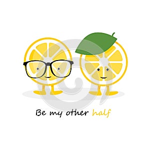 Lemon cute smile character. Cartoon yellow fruit in glasses card and hat background.