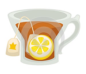 Lemon drink black tea pack in cup isolated hot beverage