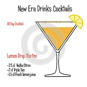 Lemon Drop martini alcoholic cocktail vector illustration recipe isolated