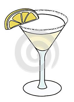 Lemon drop Martini classic New Era cocktail in specific glass. Vodka based transparent drink garnished lemon and salt