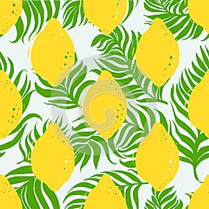 Lemon and dypsis palm seamless vector pattern. Seamless pattern with lemon on light background. Fruit background. Lemon and leaf