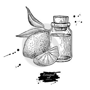 Lemon essential oil bottle and lemon fruit hand drawn vector illustration. Isolated drawing for Aromatherapy treatment,