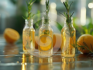 lemon extract and rosemary leaves and yellow water in test tubes. Cosmetics based on Citrus